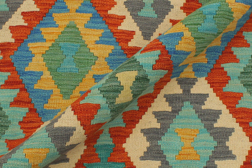 handmade Geometric Kilim Rust Blue Hand-Woven RUNNER 100% WOOL area rug 3 x 13