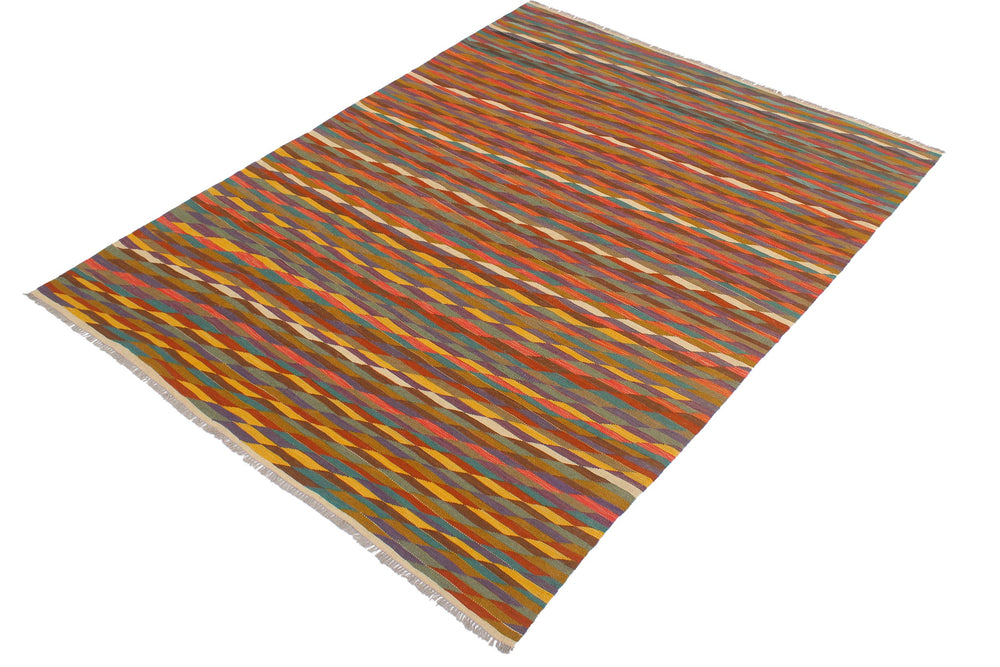handmade Modern Kilim Rust Blue Hand-Woven RECTANGLE 100% WOOL area rug 6x8