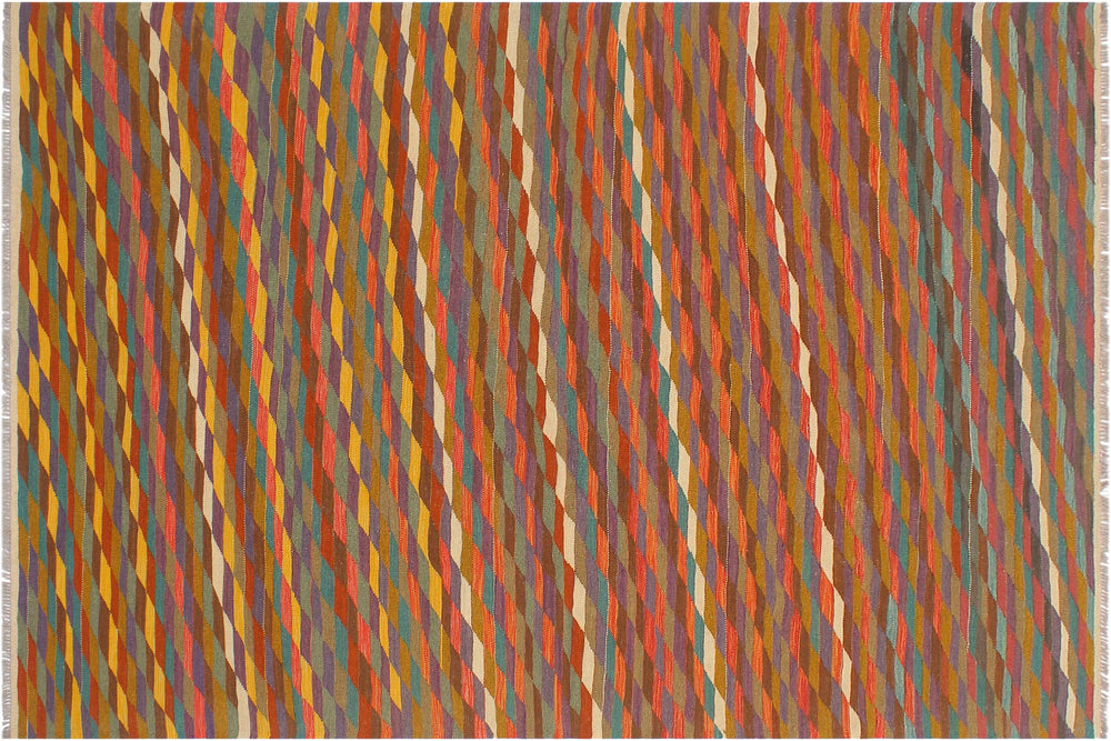handmade Modern Kilim Rust Blue Hand-Woven RECTANGLE 100% WOOL area rug 6x8