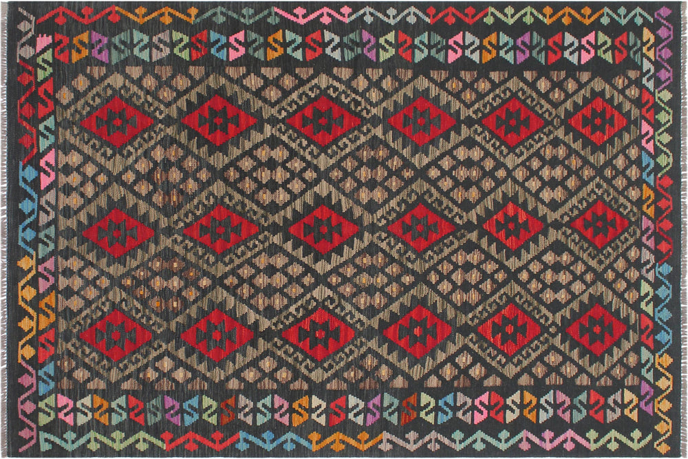 handmade Geometric Kilim Charcoal Rust Hand-Woven RECTANGLE 100% WOOL area rug 6 x 8