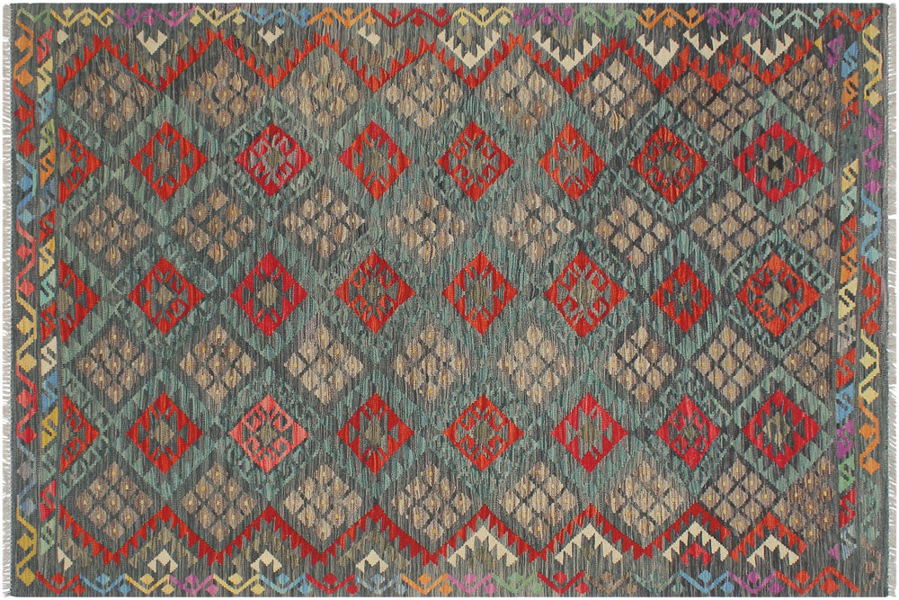 handmade Geometric Kilim Charcoal Rust Hand-Woven RECTANGLE 100% WOOL area rug 6 x 8