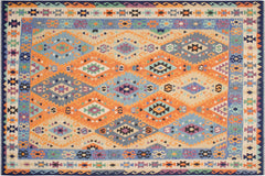 handmade Geometric Kilim Rust Blue Hand-Woven RECTANGLE 100% WOOL area rug 8 x 10