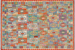 handmade Geometric Kilim Blue Rust Hand-Woven RECTANGLE 100% WOOL area rug 8 x 10