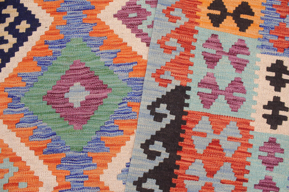 handmade Geometric Kilim Rust Blue Hand-Woven RECTANGLE 100% WOOL area rug 8 x 10