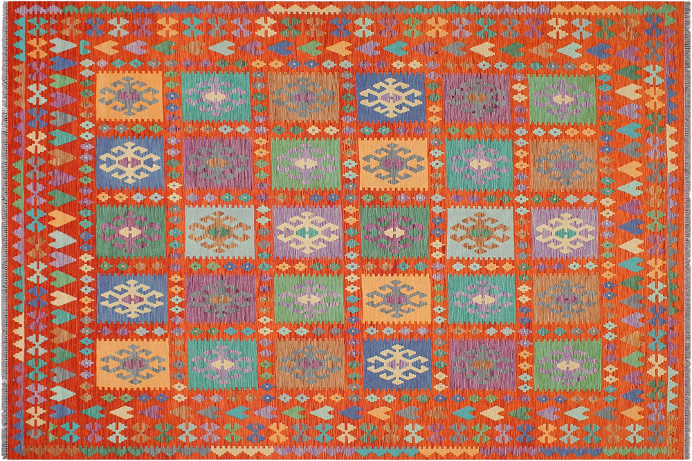 handmade Geometric Kilim Rust Blue Hand-Woven RECTANGLE 100% WOOL area rug 8 x 10