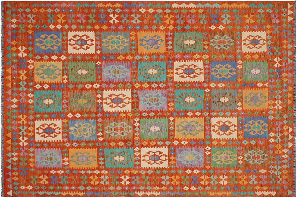 handmade Geometric Kilim Rust Blue Hand-Woven RECTANGLE 100% WOOL area rug 8 x 10