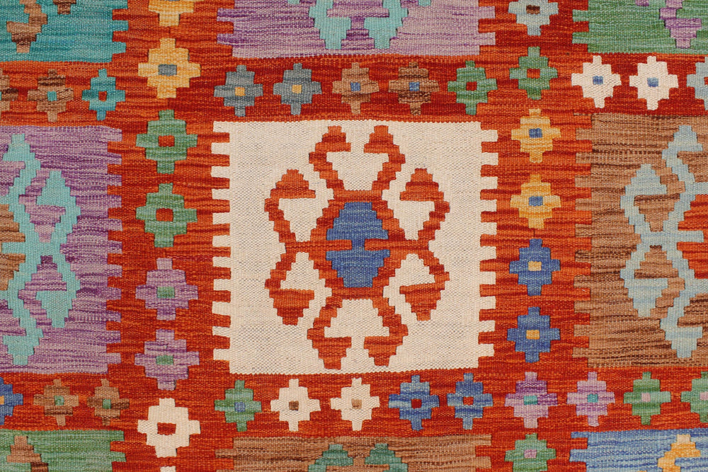 handmade Geometric Kilim Rust Blue Hand-Woven RECTANGLE 100% WOOL area rug 8 x 10