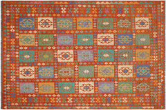 handmade Geometric Kilim Rust Blue Hand-Woven RECTANGLE 100% WOOL area rug 8 x 10