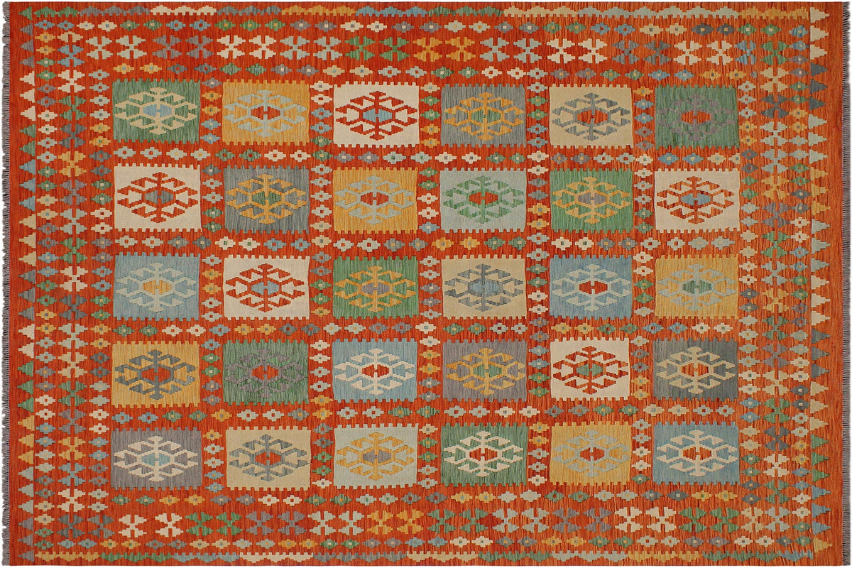 handmade Geometric Kilim Rust Blue Hand-Woven RECTANGLE 100% WOOL area rug 8 x 10