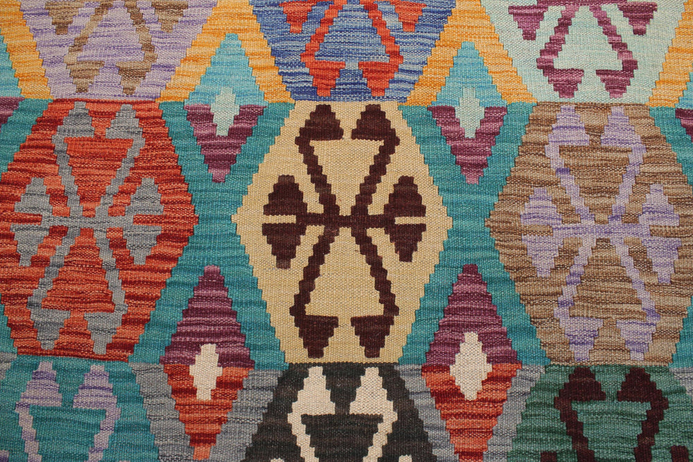 handmade Geometric Kilim Gold Green Hand-Woven RECTANGLE 100% WOOL area rug 9 x 10