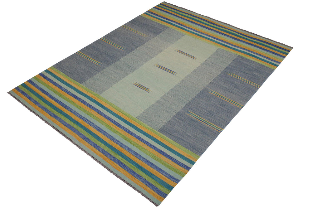 handmade Modern Kilim Blue Gold Hand-Woven RECTANGLE 100% WOOL area rug 9x11
