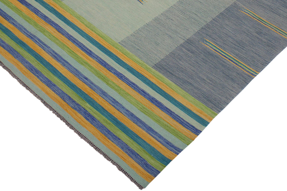 handmade Modern Kilim Blue Gold Hand-Woven RECTANGLE 100% WOOL area rug 9x11