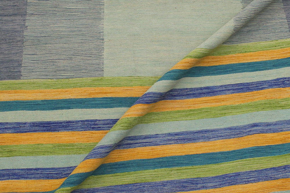 handmade Modern Kilim Blue Gold Hand-Woven RECTANGLE 100% WOOL area rug 9x11