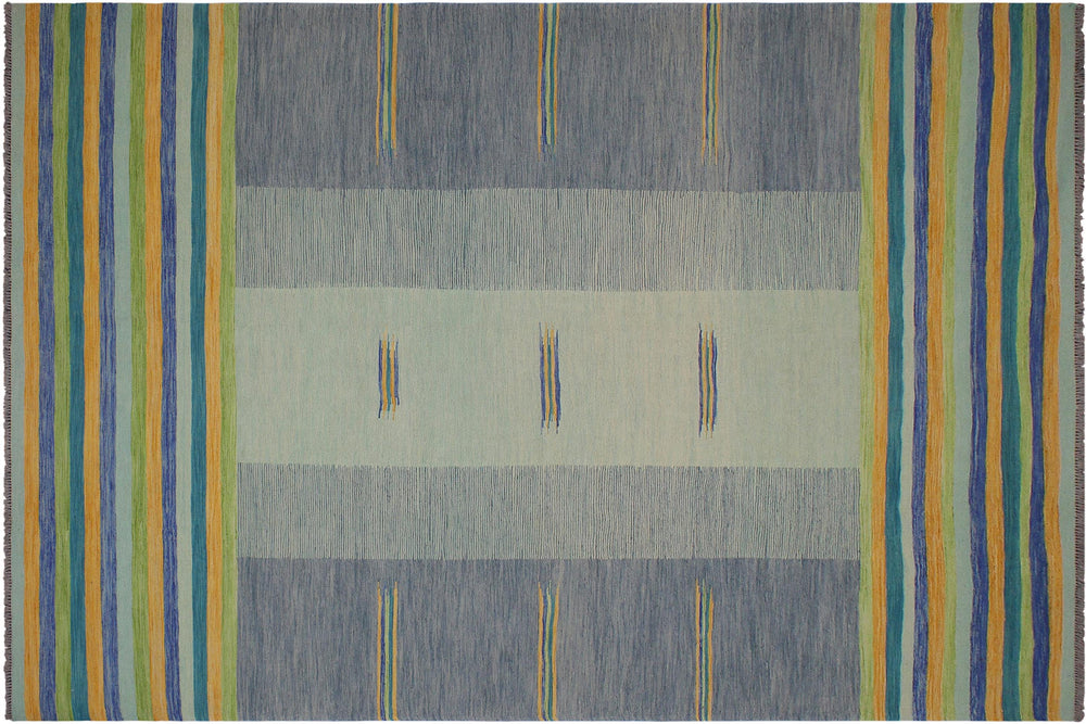 handmade Modern Kilim Blue Gold Hand-Woven RECTANGLE 100% WOOL area rug 9x11