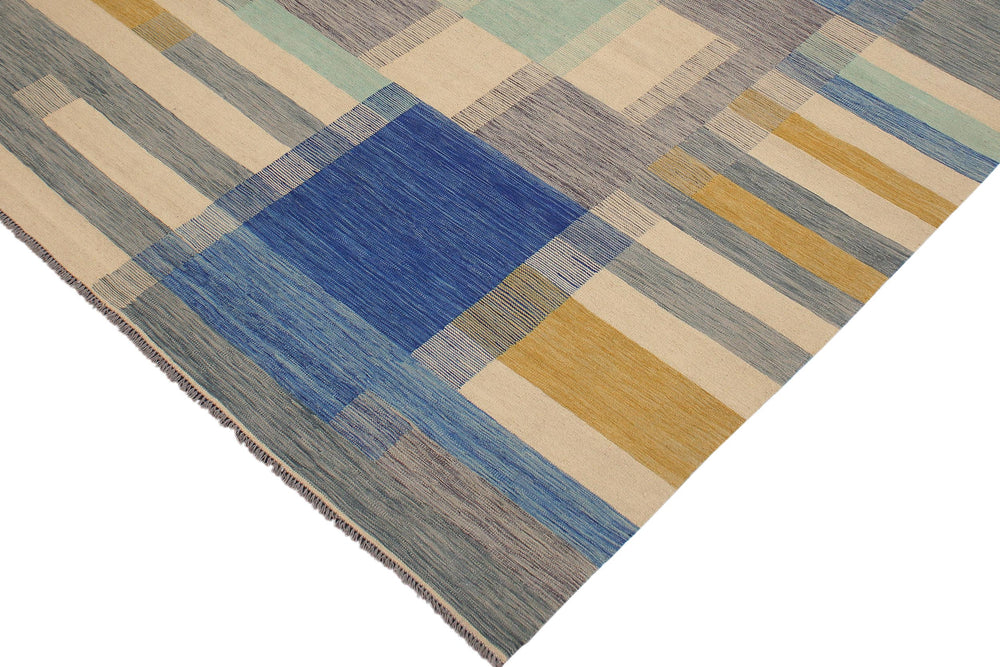 handmade Modern Kilim Beige Blue Hand-Woven RECTANGLE 100% WOOL area rug 9x10