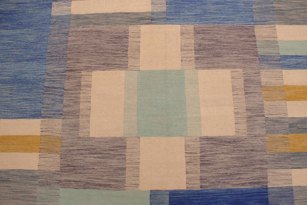 handmade Modern Kilim Beige Blue Hand-Woven RECTANGLE 100% WOOL area rug 9x10