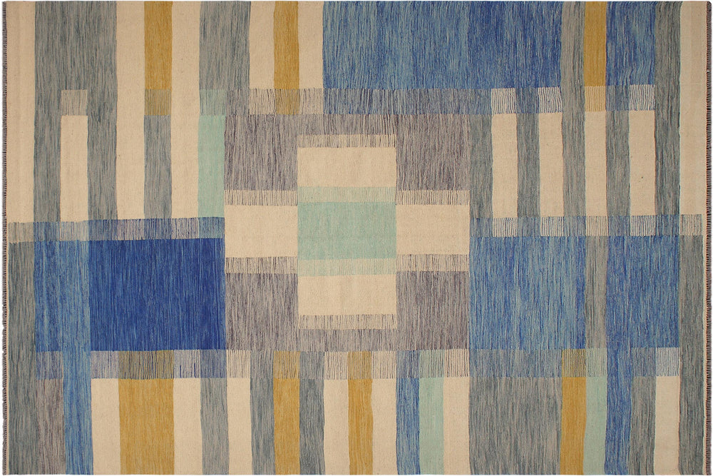 handmade Modern Kilim Beige Blue Hand-Woven RECTANGLE 100% WOOL area rug 9x10