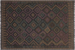 handmade Modern Kilim Black Brown Hand-Woven RECTANGLE 100% WOOL area rug 5x6