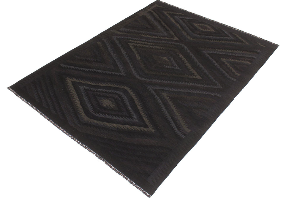 handmade Modern Kilim Black Blue Hand-Woven RECTANGLE 100% WOOL area rug 6' x 8'