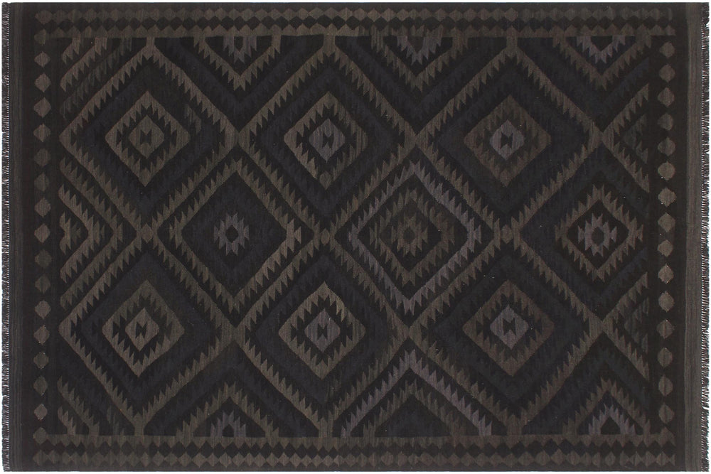 handmade Modern Kilim Black Blue Hand-Woven RECTANGLE 100% WOOL area rug 6' x 8'