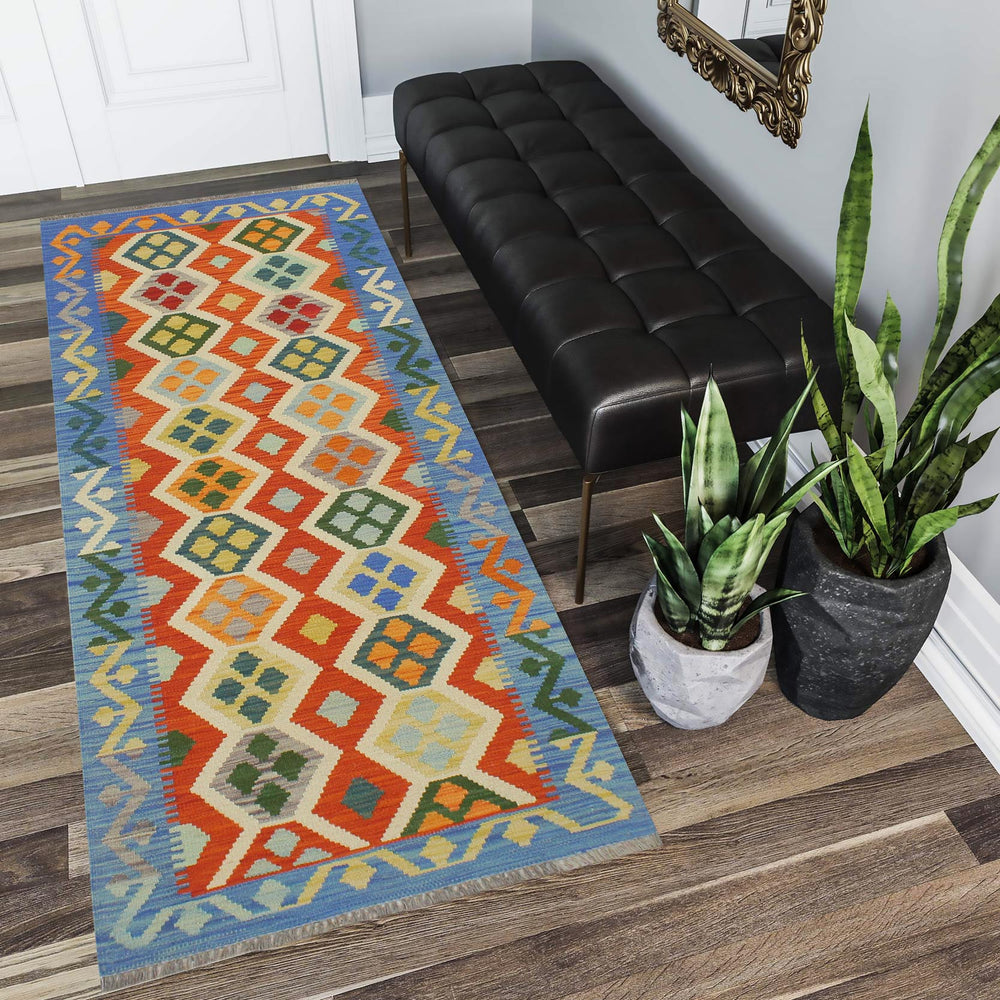 handmade Geometric Kilim Rust Blue Hand-Woven RUNNER 100% WOOL area rug 3 x 6