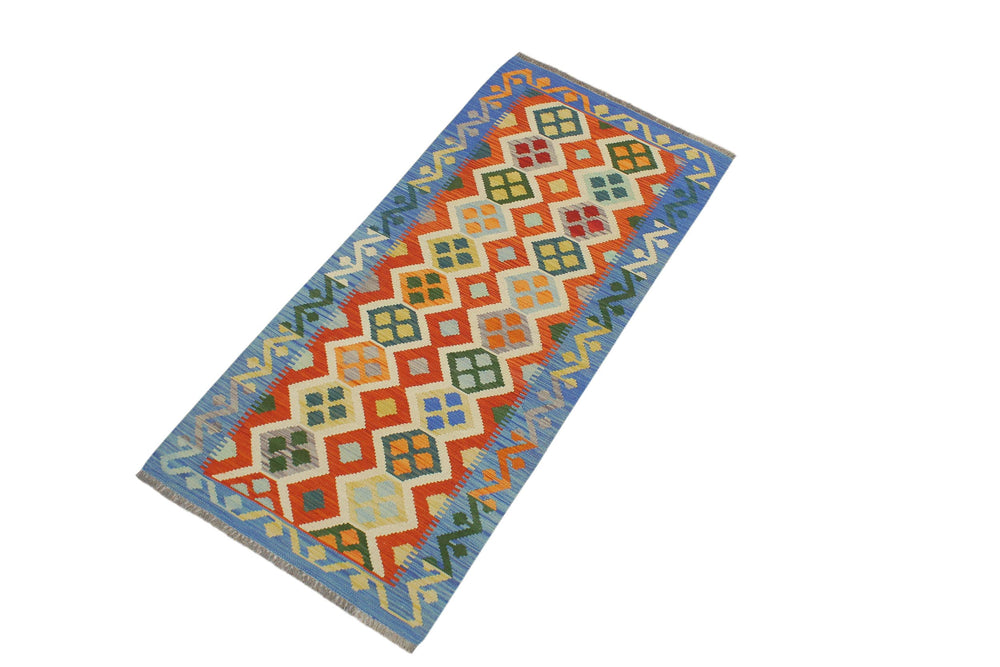 handmade Geometric Kilim Rust Blue Hand-Woven RUNNER 100% WOOL area rug 3 x 6