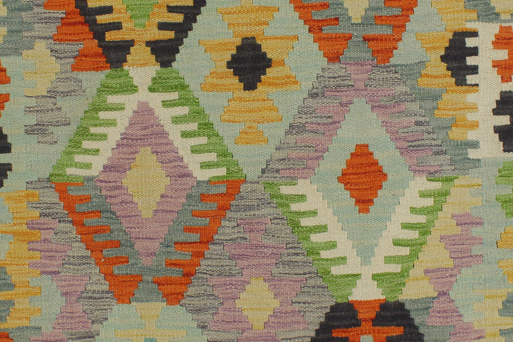 handmade Geometric Kilim Blue Gold Hand-Woven RUNNER 100% WOOL area rug 3 x 10