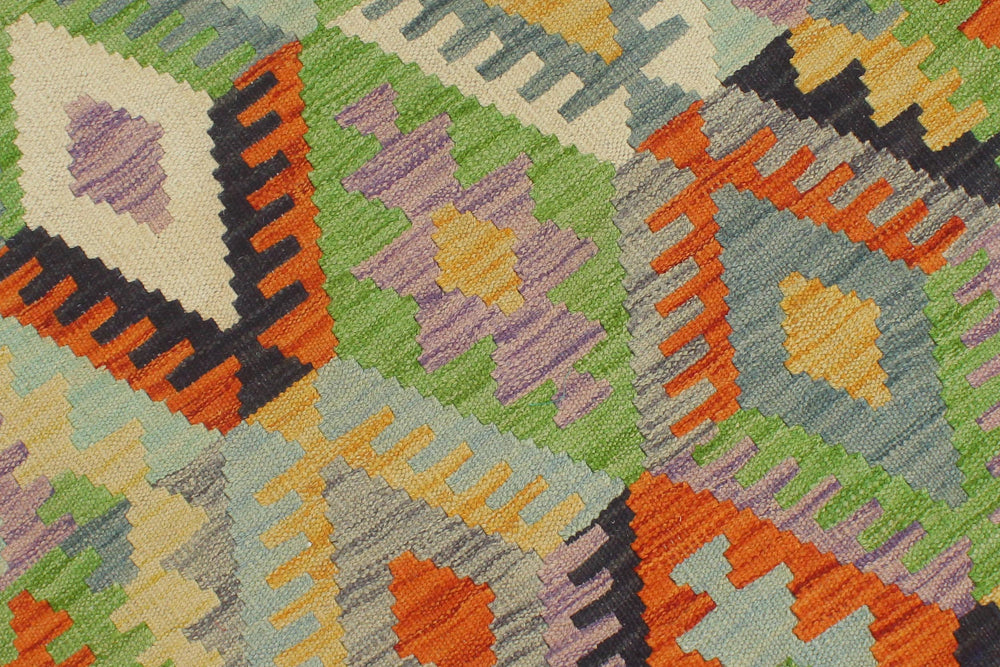 handmade Geometric Kilim Blue Gold Hand-Woven RUNNER 100% WOOL area rug 3 x 10