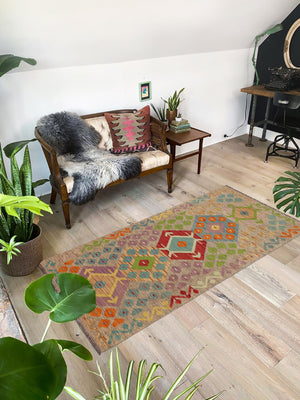 handmade Geometric Kilim Brown Blue Hand-Woven RUNNER 100% WOOL area rug 3' x 6'
