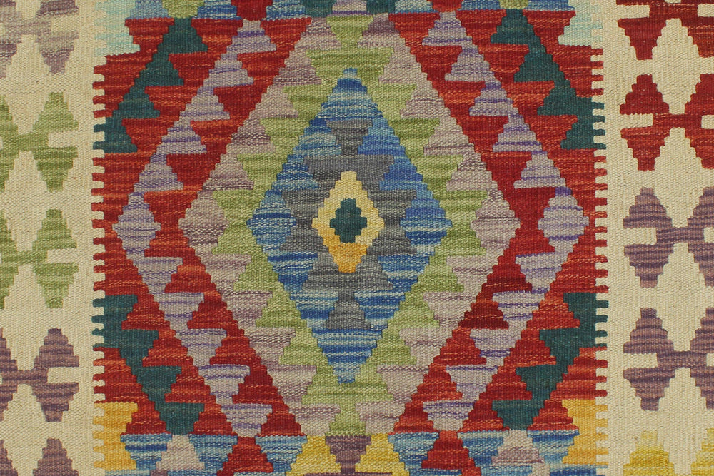 handmade Geometric Kilim Blue Beige Hand-Woven RUNNER 100% WOOL area rug 3' x 6'