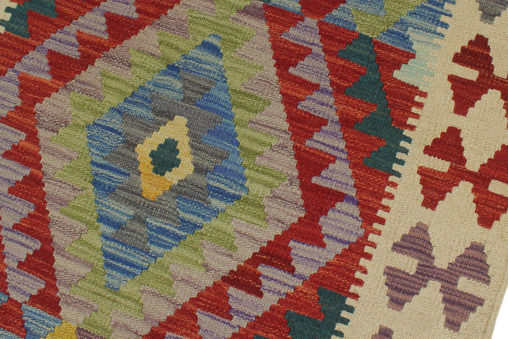 handmade Geometric Kilim Blue Beige Hand-Woven RUNNER 100% WOOL area rug 3' x 6'