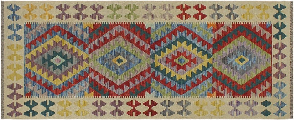 handmade Geometric Kilim Blue Beige Hand-Woven RUNNER 100% WOOL area rug 3' x 6'