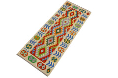 handmade Geometric Kilim Rust Beige Hand-Woven RUNNER 100% WOOL area rug 3' x 7'