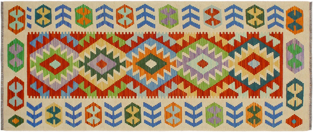 handmade Geometric Kilim Rust Beige Hand-Woven RUNNER 100% WOOL area rug 3' x 7'