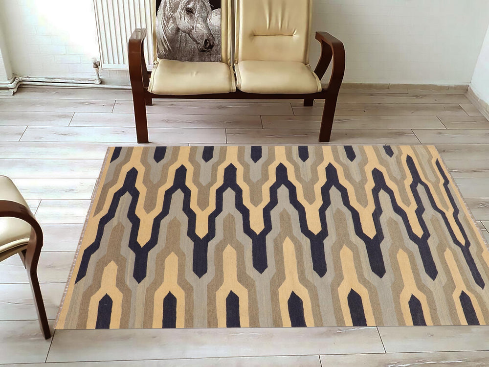 handmade Modern Kilim Blue Gray Hand-Woven RECTANGLE 100% WOOL area rug 5x7