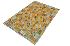 handmade Geometric Kilim Orange Blue Hand-Woven RECTANGLE 100% WOOL area rug 6 x 8