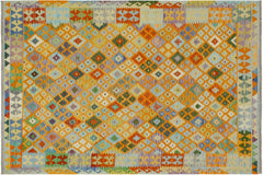 handmade Geometric Kilim Orange Blue Hand-Woven RECTANGLE 100% WOOL area rug 6 x 8