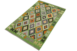 handmade Geometric Kilim Green Blue Hand-Woven RECTANGLE 100% WOOL area rug 4 x 6