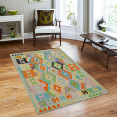 handmade Geometric Kilim Blue Orange Hand-Woven RECTANGLE 100% WOOL area rug 4 x 6