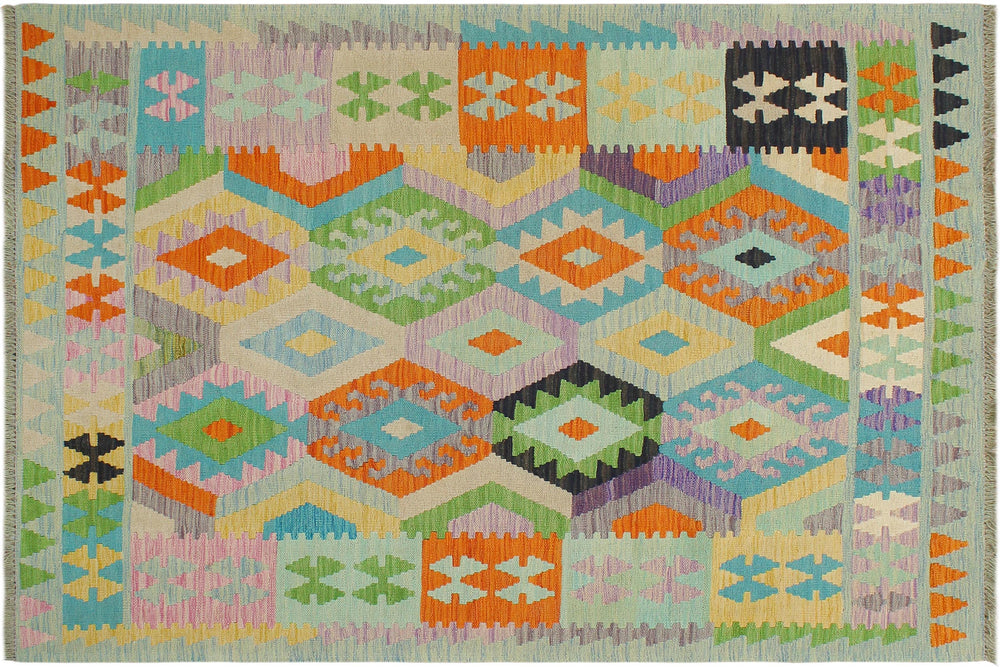 handmade Geometric Kilim Blue Orange Hand-Woven RECTANGLE 100% WOOL area rug 4 x 6