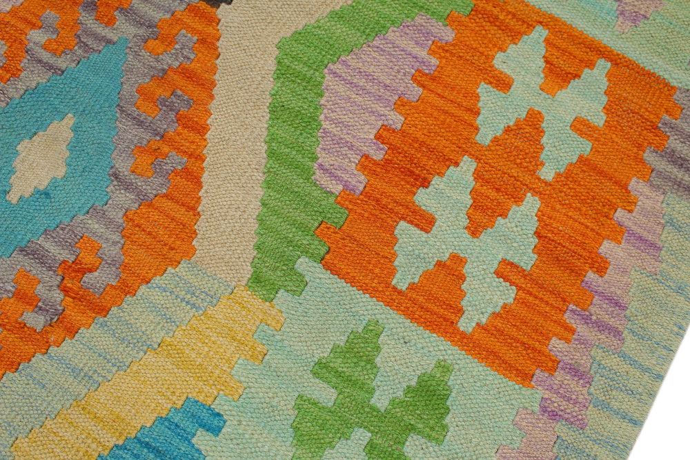 handmade Geometric Kilim Blue Orange Hand-Woven RECTANGLE 100% WOOL area rug 4 x 6