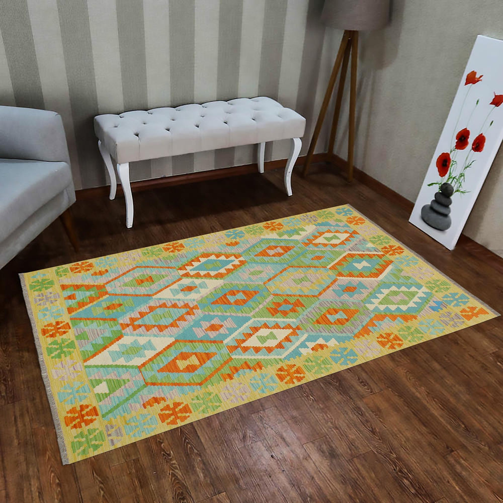 handmade Geometric Kilim Blue Gold Hand-Woven RECTANGLE 100% WOOL area rug 4 x 6