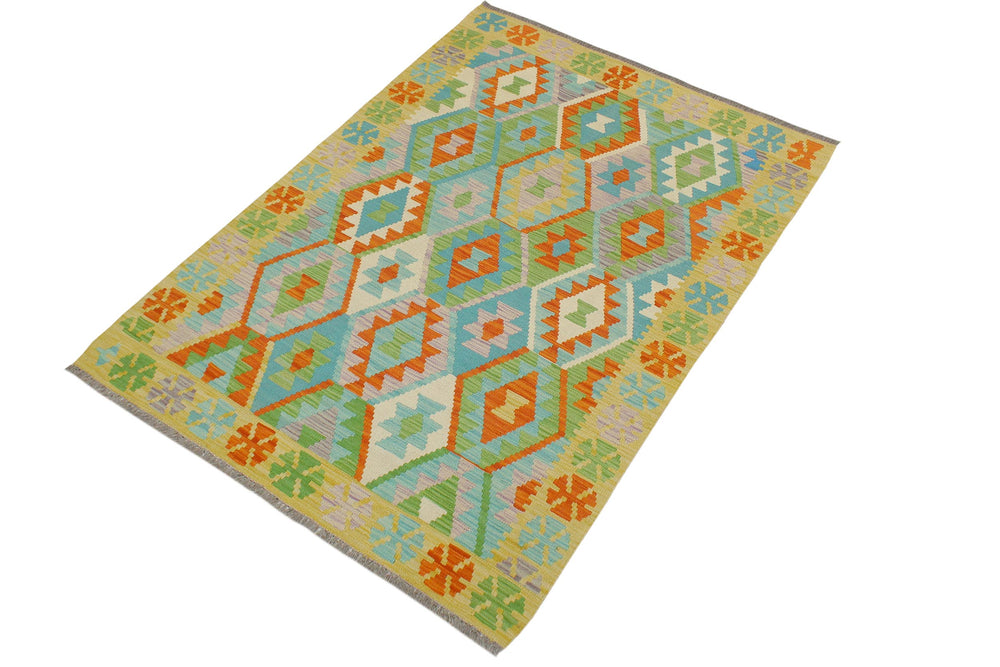 handmade Geometric Kilim Blue Gold Hand-Woven RECTANGLE 100% WOOL area rug 4 x 6