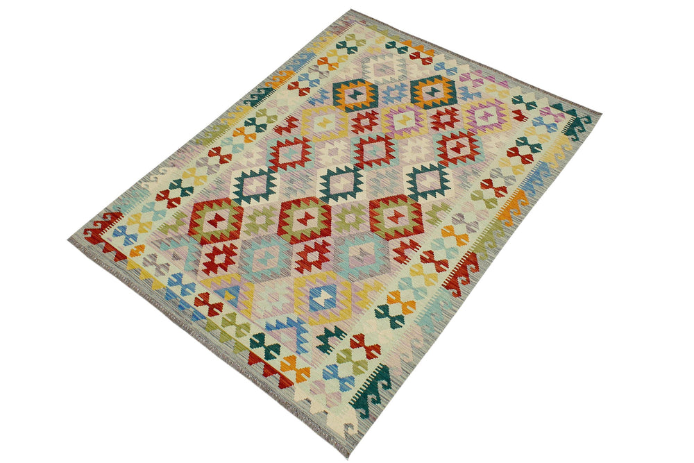 handmade Geometric Kilim Beige Blue Hand-Woven RECTANGLE 100% WOOL area rug 5 x 7