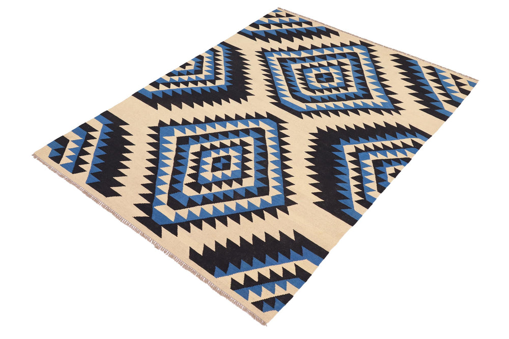 handmade Modern Kilim Beige Blue Hand-Woven RECTANGLE 100% WOOL area rug 6x9