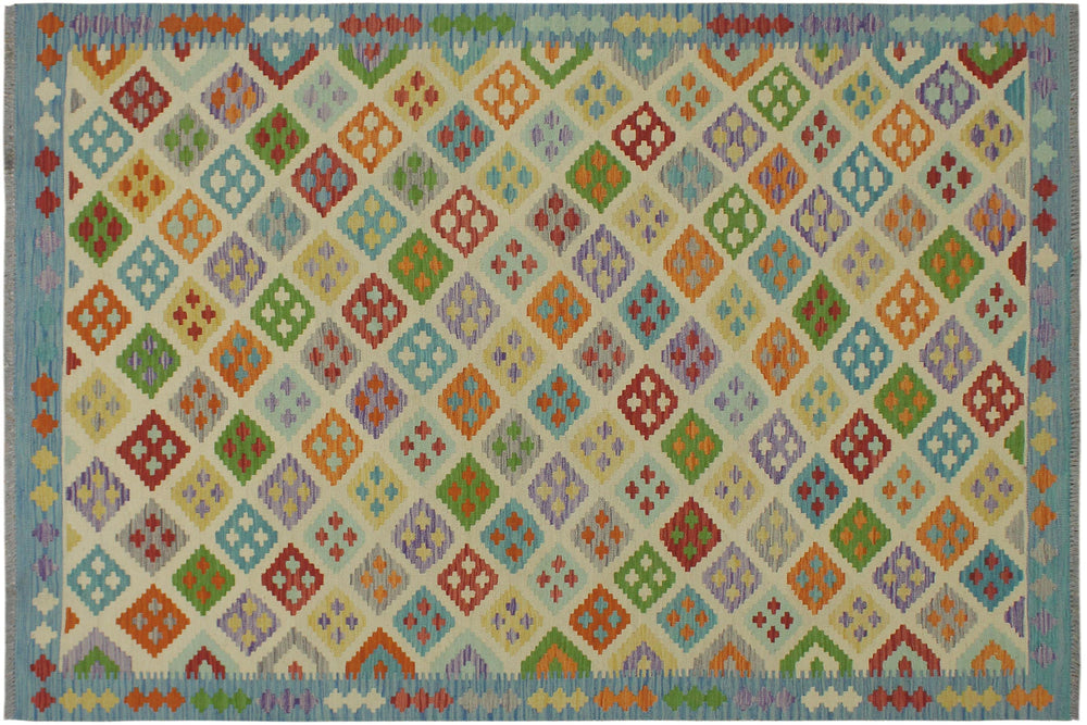 handmade Geometric Kilim Beige Blue Hand-Woven RECTANGLE 100% WOOL area rug 6 x 8