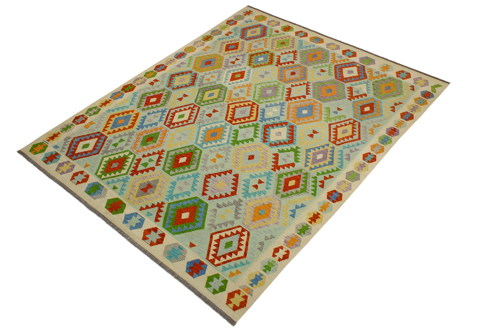 handmade Geometric Kilim Blue Beige Hand-Woven RECTANGLE 100% WOOL area rug 8 x 10