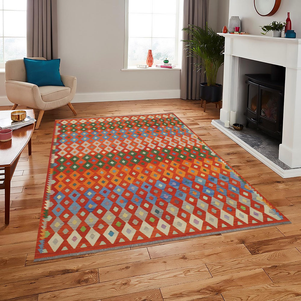 handmade Modern Kilim Rust Blue Hand-Woven RECTANGLE 100% WOOL area rug 8x10