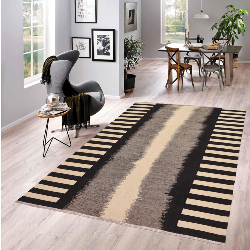 handmade Modern Kilim Beige Black Hand-Woven RECTANGLE 100% WOOL area rug 8' x 10'