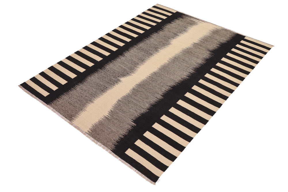handmade Modern Kilim Beige Black Hand-Woven RECTANGLE 100% WOOL area rug 8' x 10'